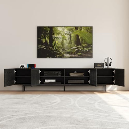 Full Assembled Mid-Century Modern TV Stand with Slatted Doors, Wood Media Console for 80 85+ Inch TV, TV Console with Tall-cast Metal Legs, Entertainment Center with Storage for Living Room