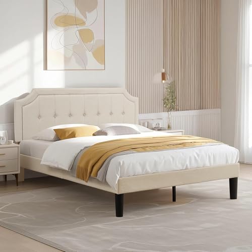 Queen Size Platform Bed Frame with Fabric Upholstered Headboard and Wooden, view 4