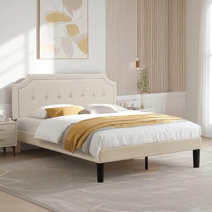 Queen Size Platform Bed Frame with Fabric Upholstered Headboard and Wooden, view 4