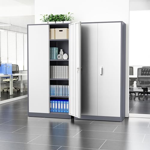72” Metal Storage Cabinet, Lockable File Cabinet with 2 Doors and 4 Adjustabble Shelves,Garage Storage Cabinets for Office, Warehouse, Home, (Grey White