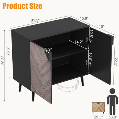 Wood Finish Storage Free Standing Accent Cabinet, Buffet Cabinet with Doors, Sideboard Table with Storage for Dining Room, Entryway, Black+Grey, 15.8" D x 31.5" W x 29.3" H