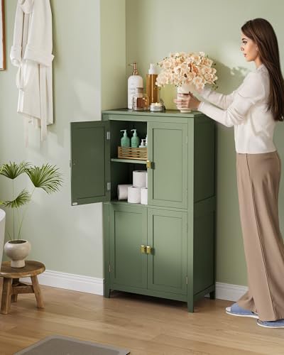 VASAGLE Floor Storage Cabinet, Freestanding Unit, 4 Doors | Adjustable Shelves, 11.8 x 23.6 x 43.3 Inches, for Entryway, Bathroom, Forest Green, UBBC552C01
