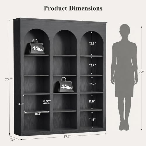 71" Triple Arched Bookcase, Tall Bookshelf with Shelves, Black, view 4
