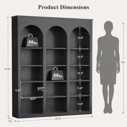 71" Triple Arched Bookcase, Tall Bookshelf with Shelves, Black, view 4