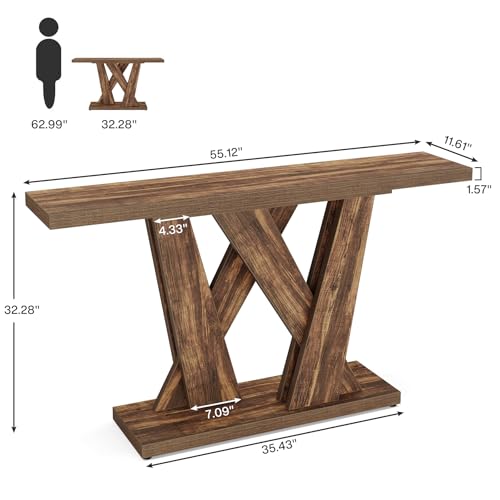 Tribesigns 55-Inch Farmhouse Console Table, Farmhouse Behind The Couch Table TV Stand with Geometric Base, Skinny Sofa Table Entryway Table for Entrance, Living Room, Hallway, Foyer, Rustic Brown