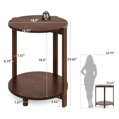 Solid Wood Side Table for Living Room, Small Round End Table with 2-Tier Storage, 19-Inch Wooden Circle Retro Nightstand, Accent Furniture for Small Spaces, Bedroom, Apartment, Brown