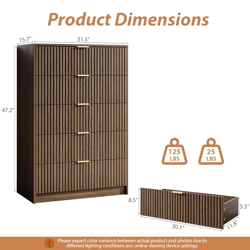 5 Drawer Dresser for Bedroom, Tall Dresser Chest of Drawers with Gold Handles, view 3