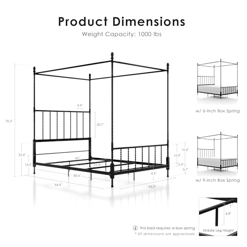 Vaeli Modern Metal Queen Size Four Poster Bed Frame with Spindles, view 3