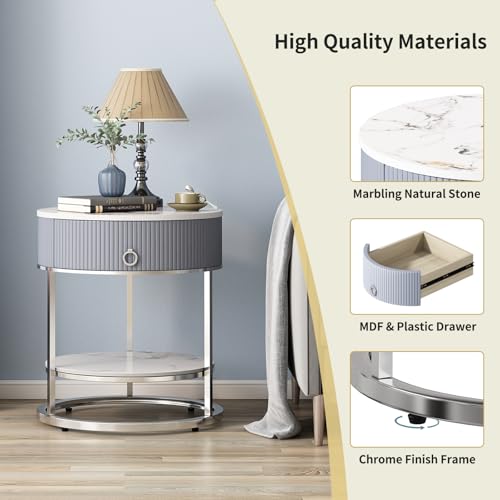 End Table with Sintered Stone Tabletop, Side Table with Drawer, Silver | 2 Tier Nightstand with Shelf, Round Table, Storage, Shelf, Chrome Legs, Marbling Natural Stone, Living Room, Bedroom, Office