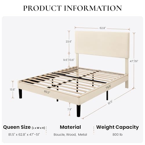 Boucle Upholstered Queen Size Bed Frame, Cream, view 3