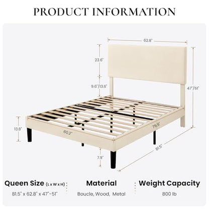 Boucle Upholstered Queen Size Bed Frame, Cream, view 3