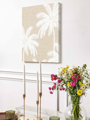 NuYeBiofx Farm Palm Trees Silhouette Beige Linen Canvas Wall Art Prints,48"x32" Framed Picture Artwork Tropical Summer Plant Printed Canvas Oil Painting for Living Room Bedroom Office,Ready to Hang