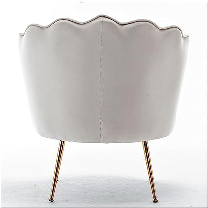 Velvet Barrel Accent Chair with Scalloped Silhouette and Gold Metal Legs, Decorative Piece Suitable for Traditional, Modern, and Contemporary Spaces, Ivory