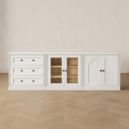 White modular TV stand with drawers and adjustable shelves, view 2