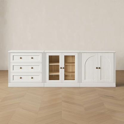 White modular TV stand with drawers and adjustable shelves, view 2