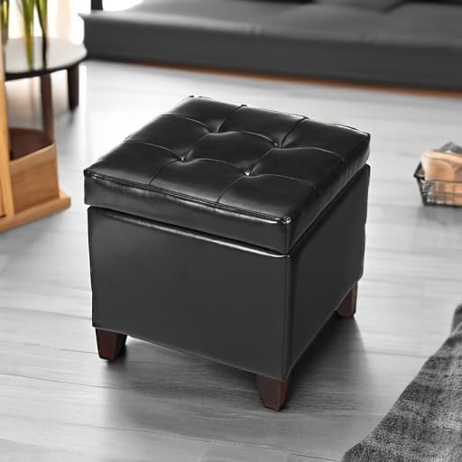 Storage Ottoman Foot Rest Stool, Leather Ottoman Footstool with Wood Legs and Hinged Lid, 18" Small Foot Stool Bench for Living Room, Bedroom, Black