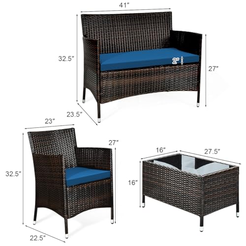 4-Piece Rattan Patio Set, Outdoor/Indoor Wicker Conversation Set for Pool, Backyard, Lawn, Wicker Chairs and Sofa with Soft Cushion, Rattan Furniture with Tempered Glass Coffee Table