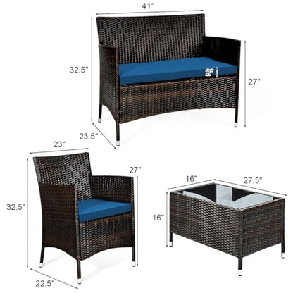 4-Piece Rattan Patio Set, Outdoor/Indoor Wicker Conversation Set for Pool, Backyard, Lawn, Wicker Chairs and Sofa with Soft Cushion, Rattan Furniture with Tempered Glass Coffee Table