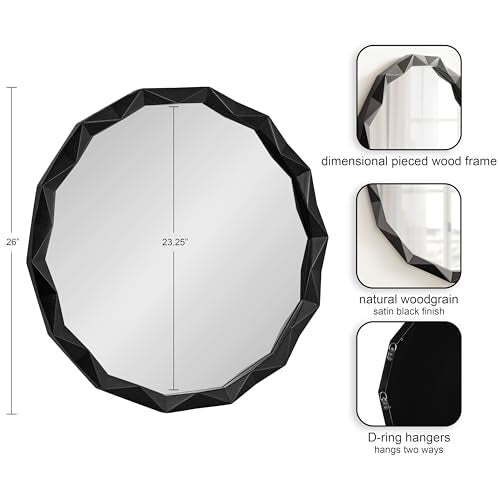 Endicott Modern Geometric Round Wall Mirror; 26 Inch Diameter; Black; Transitional Faceted Wood Circle Mirror for Use as Bathroom Mirror for Over Sink or Cute Nursery Mirror