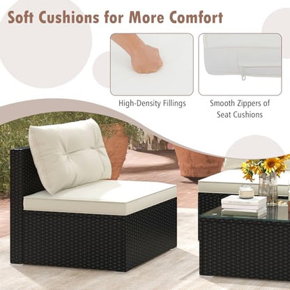5-Piece Outdoor Patio Furniture Set, Rattan Sectional Sofa Set w/Glass-Top Coffee Table, Soft Seat & Back Cushions, Bistro Set for Garden Backyard Porch, Wicker Conversation Set (Off White)