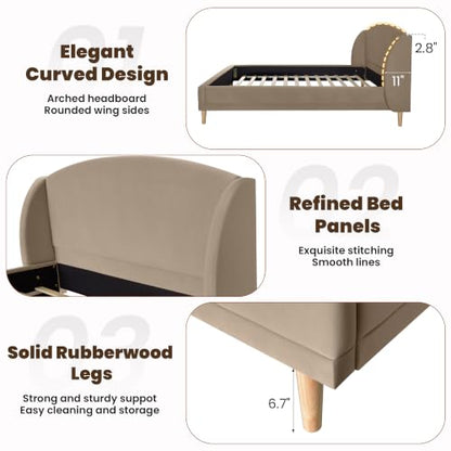 Queen Upholstered Bed Frame with Wingback Headboard, Taupe, view 5