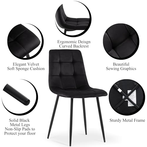 37-Inch Round Kitchen Dining Room Table Set for 4, Modern Mid-Century Brown Dining Table with Black Velvet Chairs Set, Small Dining Set for Restaurant/Dining Hall