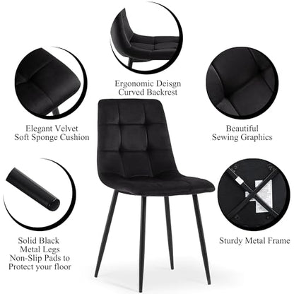 37-Inch Round Kitchen Dining Room Table Set for 4, Modern Mid-Century Brown Dining Table with Black Velvet Chairs Set, Small Dining Set for Restaurant/Dining Hall