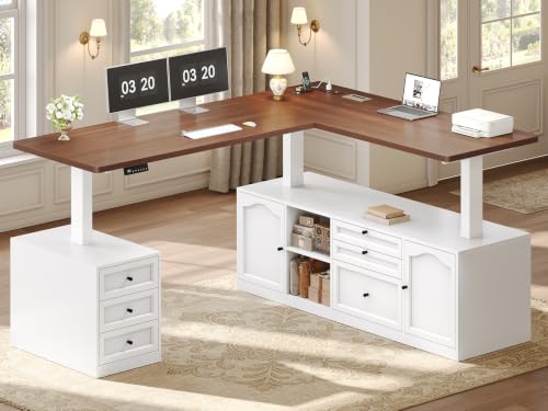 Farmhouse L Shaped Executive Electric Standing Desk with 6 Drawers, view 2