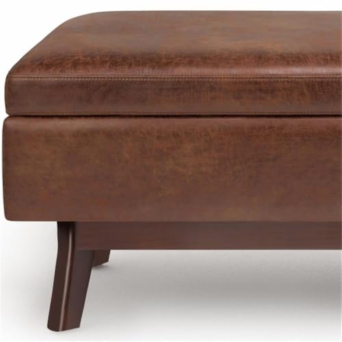 36" Faux Leather Storage Ottoman, Saddle Brown, Mid Century Design, Exposed Solid Wood Base, Lift-Up Lid with Child-Safety Hinge, Cushioned Top, Living Room or Family Room Furniture