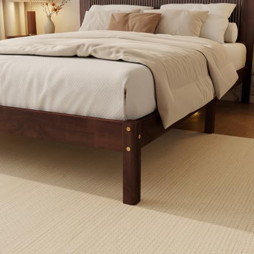 LUMISOL Queen Size Solid Rubberwood Platform Bed with Wave-Styled Headboard, view 4