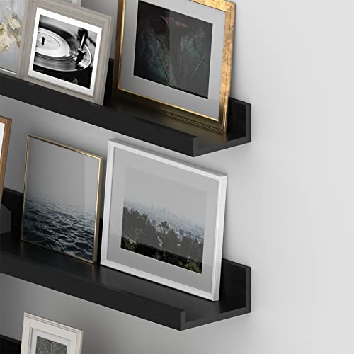 16 Inch Black Floating Shelves for Wall Mount, Woodgrain Wall Shelf Ledge for Bathroom Bedroom Kitchen Living Room Office Storage, Set of 3 Different Sizes
