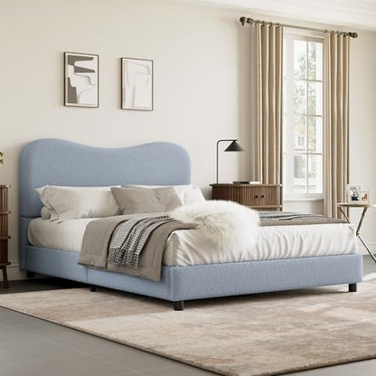 Queen Bed Frame with Boucle Fabric, Blue, view 7