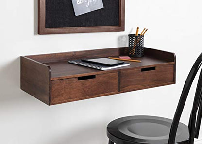Kitt Modern Floating Shelf with Drawers, 28 x 12 x 6.5 inches, Dark Walnut Brown, Chic Floating Storage Console Table or Desk for Wall