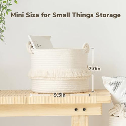 Small Woven Storage Baskets, 9.5'' x 7'' inches Cotton Rope Decorative Hamper for Diaper, Blankets, Magazine and Keys, Cute Tassel Nursery Decor - Home Storage Container, Off-white