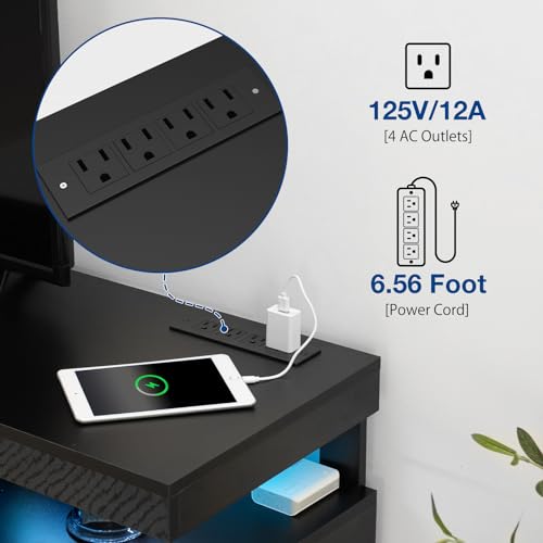 70 Inch LED TV Stand with Power Outlets, Modern Entertainment Center with LED Lights for Living Room, Black Grey Gaming Media Cabinet with Storage, TV Console for 70/65/60/55 inch TVs (64 Inch)