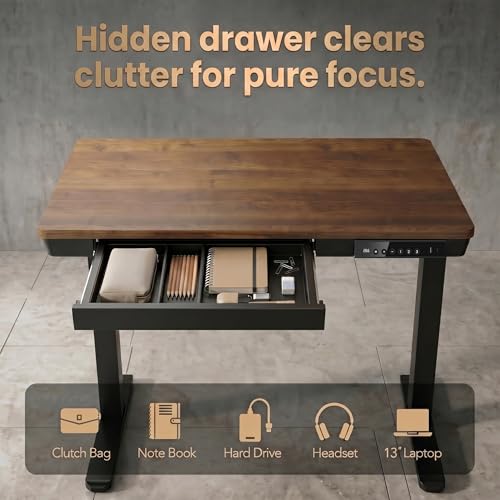 35 X 20 Inch Standing Desk with Drawers, Electric Adjustable Height Desk, Quick Install One-Piece Tabletop with USB Charging Ports, Sit to Stand Up Desk for Home Office, Black Walnut