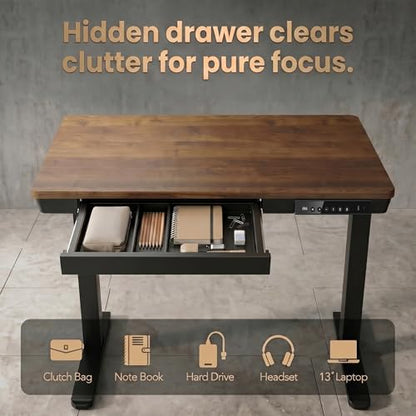 35 X 20 Inch Standing Desk with Drawers, Electric Adjustable Height Desk, Quick Install One-Piece Tabletop with USB Charging Ports, Sit to Stand Up Desk for Home Office, Black Walnut