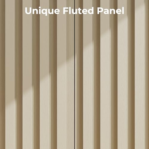 Fluted Cabinet with Storage, Buffet Cabinet Sideboard with 2 Doors, Beige Buffet Storage Accent Cabinets with Adjustable Shelves for Living Room, Entry, Hallway, Kitchen