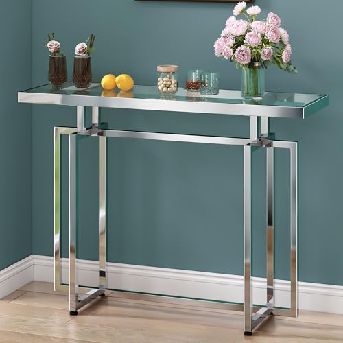 Glass Console Table for Entryway, Modern Entryway Table with Tempered Glass & Chrome Frame, Silver Sofa Table for Living Room Hallway