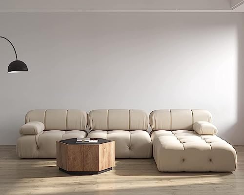 L-Shaped Sectional Couch, 104'' Minimalist Velvet Floor Sofas Couches, Mid-Century Modular Sectional Sofa with Reversible Chaise Ottoman for Living Room, Apartment (3-Seat, 1 Ottoman, Beige)