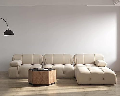 L-Shaped Sectional Couch, 104'' Minimalist Velvet Floor Sofas Couches, Mid-Century Modular Sectional Sofa with Reversible Chaise Ottoman for Living Room, Apartment (3-Seat, 1 Ottoman, Beige)