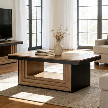 Tribesigns 47-Inch Farmhouse Rectangle Cocktail Living Room Coffee Table with Open Storage, Rustic Wood Fluted Center Table with Shelves, Brown and Black Tea Furniture