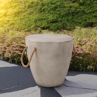 Outdoor Side Table Concrete Side Table, 17" H Small Outdoor Side Table End Table for Patio w Hemp Rope, Ceramic Round Coffee Table Accent Table Garden Outdoor Plant Stands