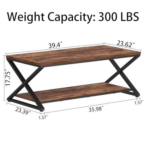 Wood Coffee Table with Storage, Farmhouse Rustic Brown Coffee Table for Living Room, Modern Minimalist 2 Tier Center Table, Simple Rectangle Cocktail Tea Table in Home Office Bedroom, 39 Inch