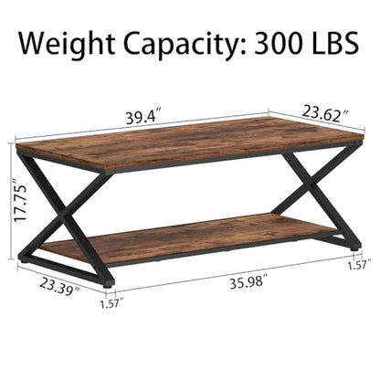 Wood Coffee Table with Storage, Farmhouse Rustic Brown Coffee Table for Living Room, Modern Minimalist 2 Tier Center Table, Simple Rectangle Cocktail Tea Table in Home Office Bedroom, 39 Inch