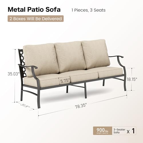 Metal Patio Furniture Sofa with 5.75" Super-Thick Waterproof Cushion, 3-Seater Deep Seating & High-Back Outdoor Couch for Patio Backyard Deck Front Porch