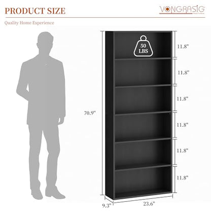 6-Tier Open Bookcase and Bookshelf, Floor Standing Wood Display Storage Shelves 71 Inch Tall Bookcase Home Decor Furniture for Home Office, Living Room, Bed Room, Black