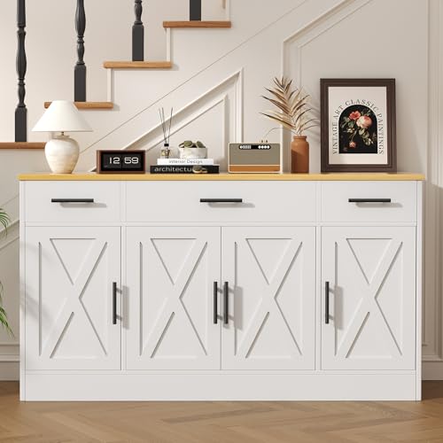 Buffet Cabinet with Storage, Farmhouse Coffee Bar Cabinet with Drawers, 53” Large Modern Sideboard Buffet with Adjustable Shelves for Kitchen, Dining Room, White