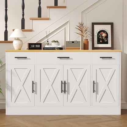 Buffet Cabinet with Storage, Farmhouse Coffee Bar Cabinet with Drawers, 53” Large Modern Sideboard Buffet with Adjustable Shelves for Kitchen, Dining Room, White