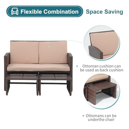 Outdoor Loveseat 3 Piece Patio Furniture Set Outdoor Conversation Set All-Weather Wicker Love Seat with Ottoman/Side Table, Brown Rattan, Beige